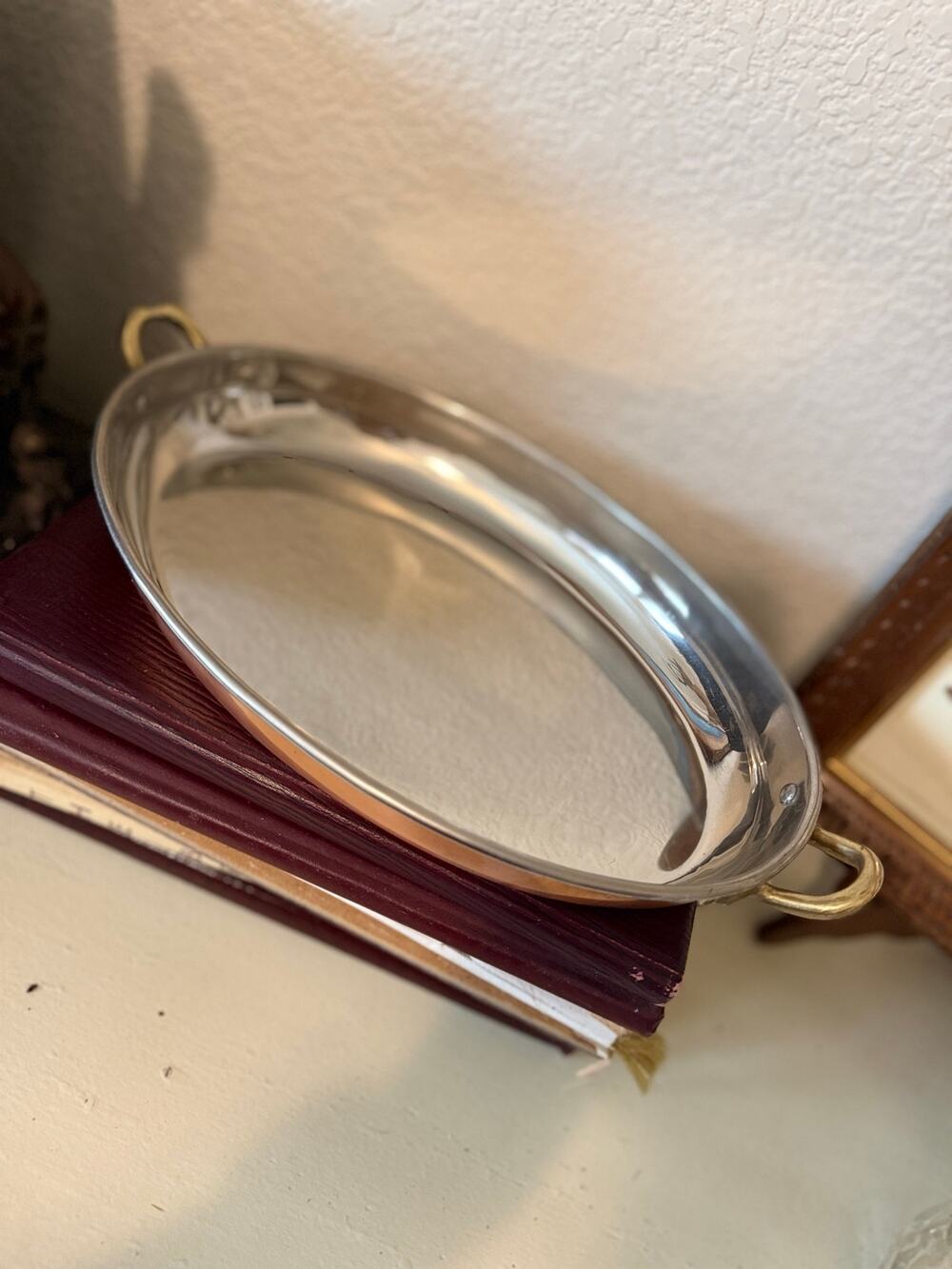 Vintage Copper & Stainless Steel Oval Serving Tray Brass Handles Mid Century